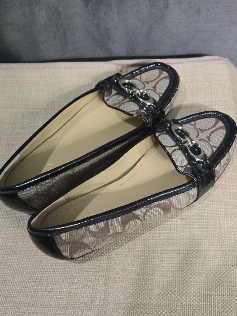 Coach Brown Signature Canvas Loafers with Black Patent Trim and Silver Hardware